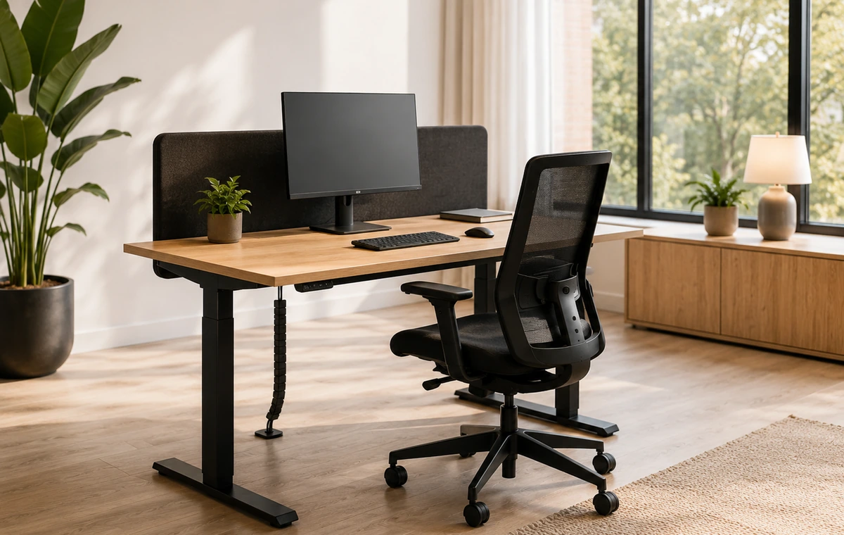 Ergonomisk arbetsplats med skrivbord och kontorsstol